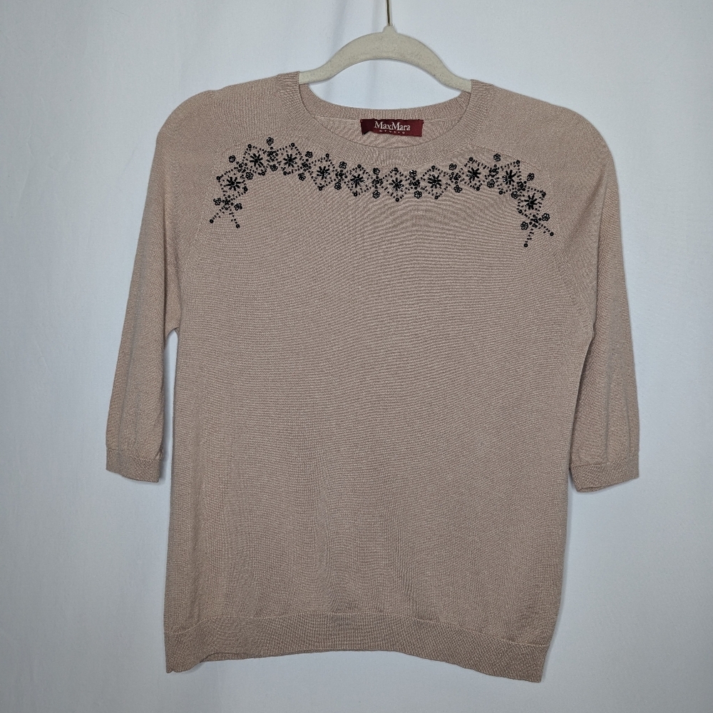 Max Mara Womens Beige Tan Lightweight Silk Wool Blend Beaded Sweater Top S
